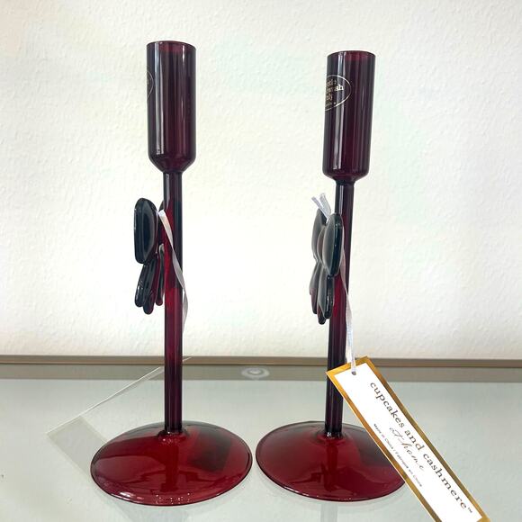 Cupcakes & Cashmere Red Bow Glass Taper Candle Holders Set of 2 Holiday Glam New - Picture 6 of 12
